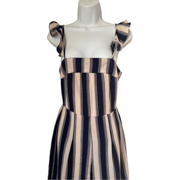 Trixxi Sleeveless Wide Leg Beige Navy Blue Ruffle Strap Summer Jumpsuit Sz S - Picture 4 of 11